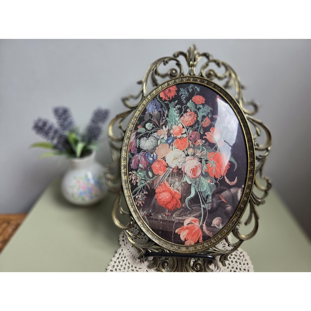 Vintage Italian Convex Glass Frame Floral Art Ornate Gold Metal Made Italy
